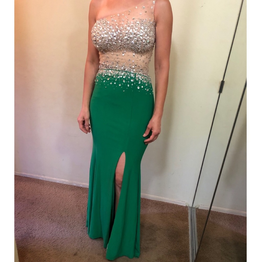 Green and nude one shoulder dress (WORN ONCE)